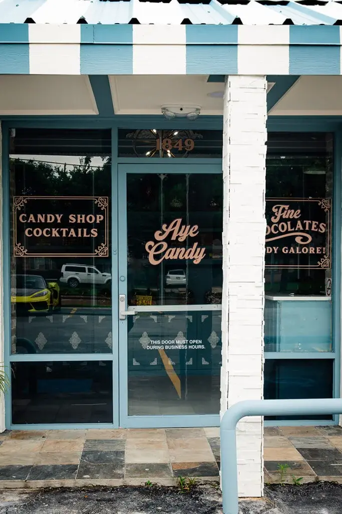 The blue and white candy shop storefront at 1849 Bingle Rd